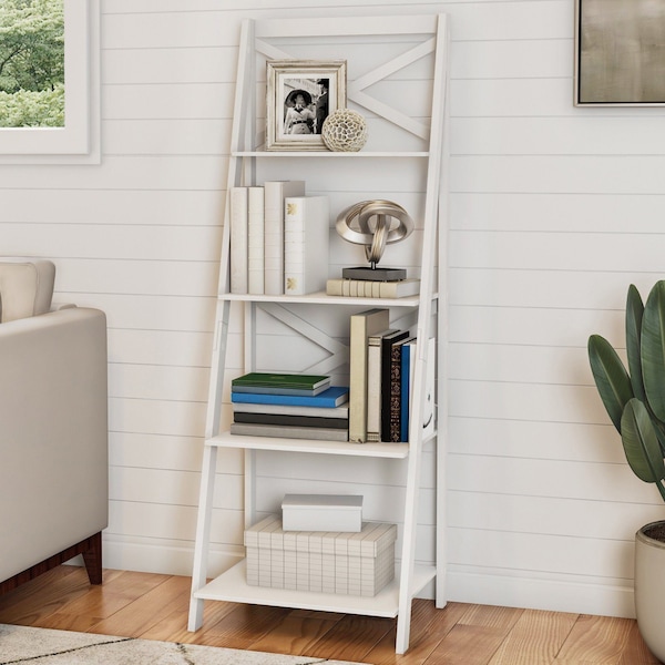 Hastings Home Ladder Bookcase X Back Frame, White 565077KOC - main